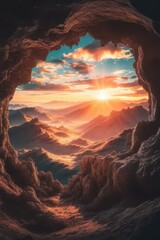 Breathtaking panorama: Sunlight filtering through a rocky cavern entrance