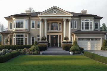 Fototapeta premium Large elegant beige mansion with tall white pillars, multiple large windows, manicured front lawn and shrubs, and a three-car garage under a cloudy sky