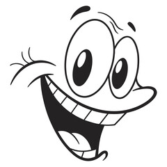 Wide eyed grinning cartoon face with black outlines expression happy