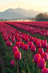 Vibrant field of red tulips stretching towards distant mountains under soft morning light with a misty atmosphere
