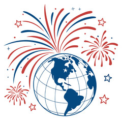 Globe with red and blue fireworks and stars earth celebration