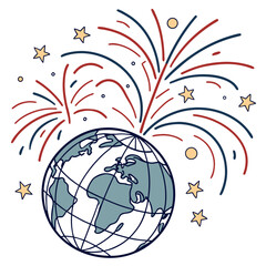 Earth globe with festive fireworks and stars celebration