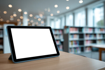 Digital tablet with blank screen on wooden table in modern library with bright bokeh lights creating calm learning atmosphere.