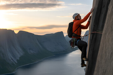 Climber ascends rocky mountain face overlooking a majestic fjord at sunset, embodying challenge, adventure, and breathtaking natural beauty.