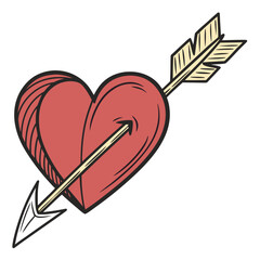 Red heart pierced by yellow arrow with black outline love romance