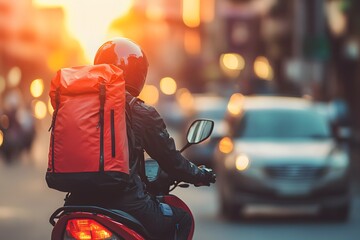 Delivery Rider on Motorcycle in Urban Setting at Sunset with Traffic Background