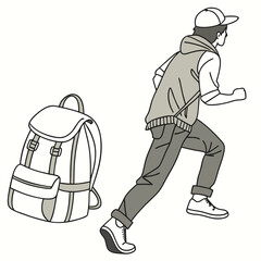 Man running with backpack travel adventure