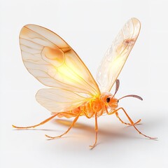 Close up of a small orange insect with transparent wings standing on a white surface looking forward