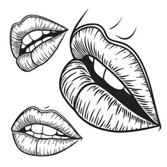 Black and white lips illustration with stippling mouth retro