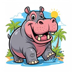 Happy cartoon hippopotamus in tropical landscape with palm trees and sun