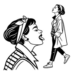 Woman sticking tongue out and woman walking fashion retro