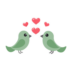 Two green birds with pink hearts love romance