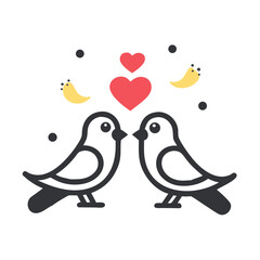 Two lovebirds with hearts and yellow birds romance couple