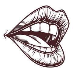 Detailed brown lips showing teeth and tongue in engraving style mouth open mouth