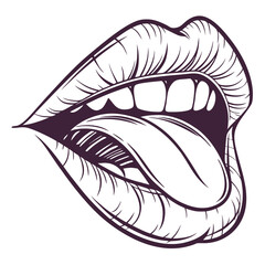 Open mouth showing teeth and tongue with engraving style lips