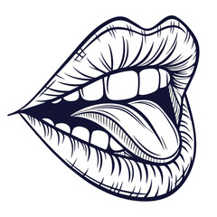 Open mouth showing teeth and tongue engraving lips