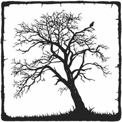 Bare tree silhouette with bird perched on branch bare branches