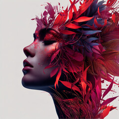 Feathered Radiance: Woman’s Face Emerging from Crimson Plumes
