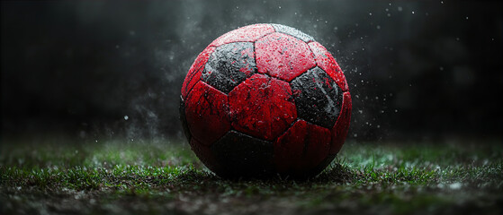 Battle Worn: Wet and Weathered Red Soccer Ball on Grass
