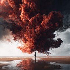 Ash Surge: Figure Confronting a Towering Red Smoke Eruption
