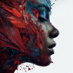 Crimson Breath: Woman’s Profile Dissolving into Red Smoke
