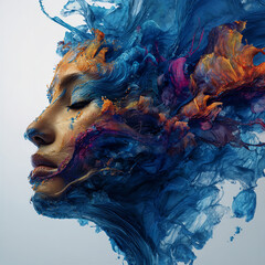 Blue Reverie: Dreamlike Woman Immersed in Flowing Ink Swirls
