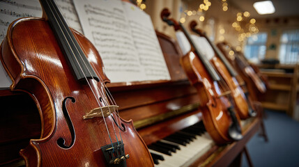 Fototapeta premium Violin musical instrument piano sheet music music classroom practice room lighting warm atmosphere.