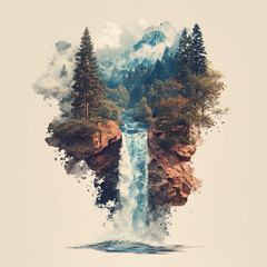 Floating Wilds: Surreal Island Landscape with Waterfall and Pines
