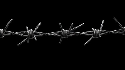 Close-up of a section of rusty barbed wire with sharp points against a black background
