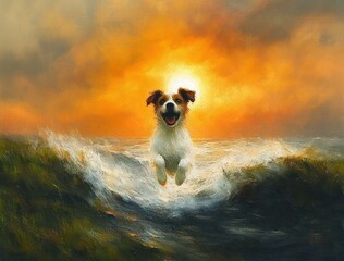 Obraz premium happy dog joyfully jumping through ocean waves at sunset with vibrant orange sky and dynamic water motion