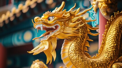 Fototapeta premium Golden dragon statue, temple detail