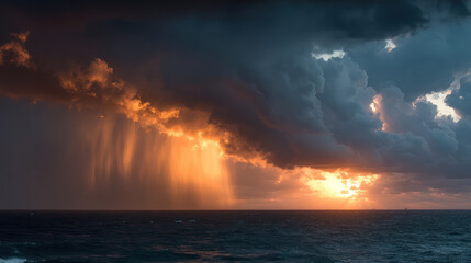 Summer thunderstorm approaching over ocean horizon with dramatic clouds and glowing sunset light creating powerful natural.