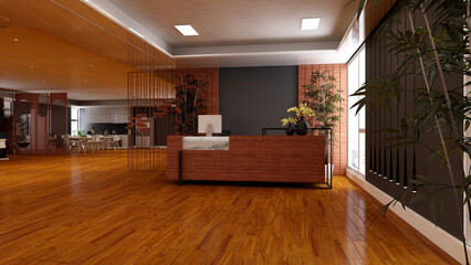 office front desk or receptionist room with wooden design interior