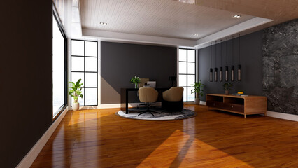 3d office minimalist room with wooden design interior