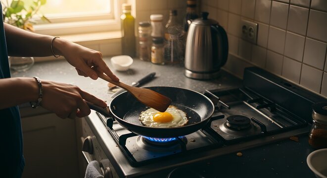 Person cooking a sunny-side up egg in a pan on a gas stove, using a wooden spatula in a kitchen.