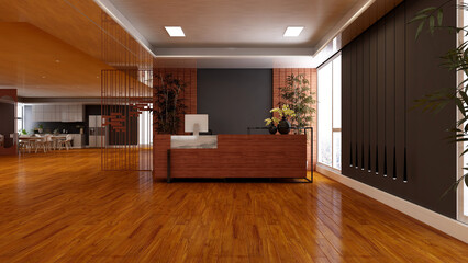 office front desk or receptionist room with wooden design interior