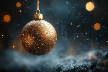 Gold Christmas ball hanging elegantly from a string.