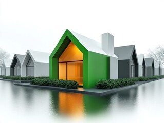Modern row of minimalist houses with sharp angled roofs beside calm water, featuring a vibrant green house with warm glowing interior, surrounded by greenery under an overcast sky