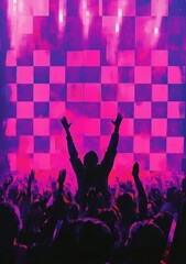 Silhouetted crowd at a vibrant music event with raised hands in front of a large illuminated checkerboard light wall emitting pink and purple hues