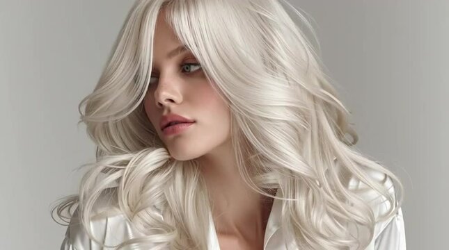 Close-up portrait of a woman with ultra-detailed silky smooth voluminous platinum blonde hair flowing over her face high-definition soft waves realistic hair texture with shine and movement 48194489 1