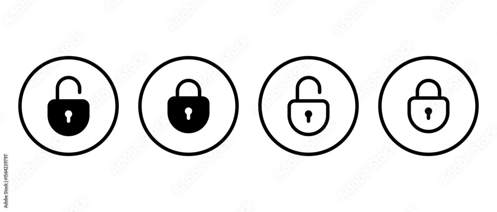 Fototapete Unlock and lock padlock icon set. Data security symbol inside circular outline