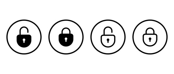 Unlock and lock padlock icon set. Data security symbol inside circular outline