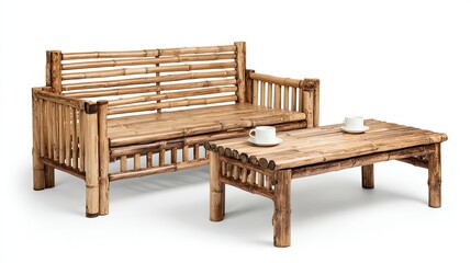 Exotic bamboo outdoor furniture set with two cups on the table in bright setting