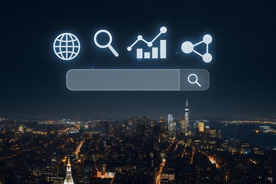 Night city search bar data analytics globe connect magnifying glass technology interface ui ux design