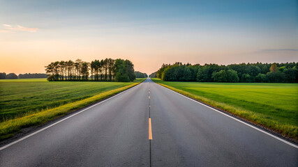 Fototapeta premium Scenic road through green fields at sunset