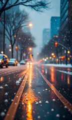 Obraz premium City street at night with falling snow and glowing streetlights reflecting on wet asphalt