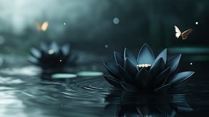 A dark, elegant lotus flower floats on still water.