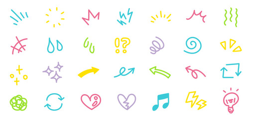 手描きの装飾セット。漫画風の感情アイコン。落書き風のかわいい線のイラスト。強調、矢印、輝きのベクター素材。