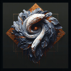 Feathered Spiral: Ornamental Design with White Plumes and Orange Accents
