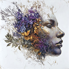 Floral Reverie: Woman’s Face Interwoven with Lavender and Gold Botanicals
